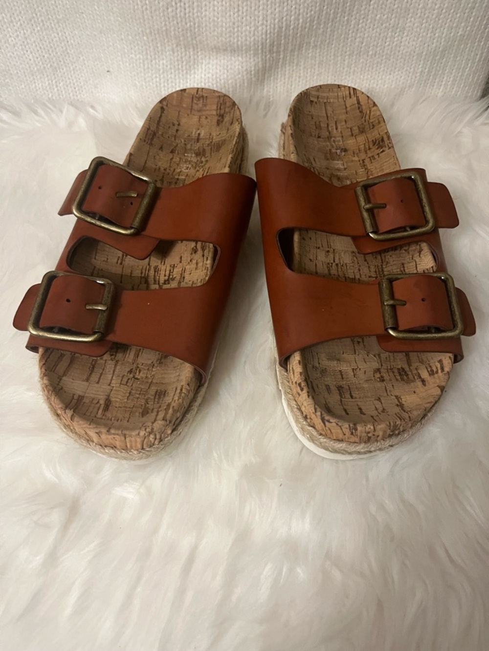 Esprit White Ribbed Sole Slide Sandals with Brown Straps